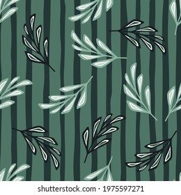 Random seamless pattern with stylized foliage branches silhouettes print. Green turquoise striped background. Designed for fabric design, textile print, wrapping, cover. Vector illustration.