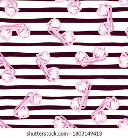 Random seamless pattern with sunglasses. Hipster ornament on white background with dark strips. Perfect for wallpaper, textile, wrapping paper, fabric print. Vector illustration.