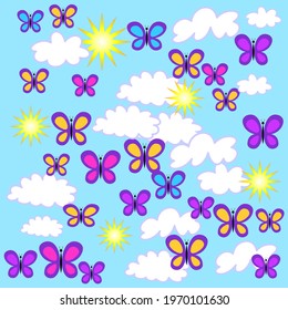 Random seamless pattern. Suns, butterflies and clouds on blue background.

