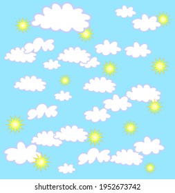 Random seamless pattern. Suns and clouds on blue background