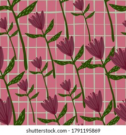 Random seamless pattern with tulip flowers figures. Pink background with check. Stylized hand drawn floral print. Decorative print for wallpaper, wrapping, textile print, fabric. Vector illustration.