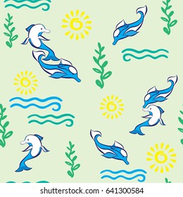 Random seamless pattern in vector. Blue Dolphins pattern random arrangement with waves and sea plants on a light green background. Pattern for textiles, Wallpaper, and skins