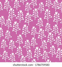 Patrón aleatorio sin fisuras con elementos florales blancos. Fondo lila brillante. Estilo ingenuo. Fondo decorativo para papel pintado, papel envolvente, papel textil, tela. Ilustración vectorial.