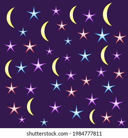 Random seamless pattern. Yellow moon sickles and multicolored stars on dark purple background.
