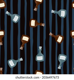 Random seamless patternn with doodle rum bottle shapes print. Dark blue striped background. Abstract print. Designed for fabric design, textile print, wrapping, cover. Vector illustration.