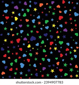 Patrones aleatorios sin fisuras con el signo de las estrellas y el amor en color arcoiris sobre un vector de fondo negro.