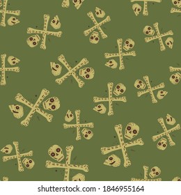 Random seamless skulls and bones pattern. Doodle pirate symbol on green background. Vector illustration for seasonal textile prints, fabric, banners, backdrops and wallpapers.