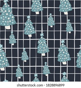 Random seamless stylized pattern with blue colored new year tree toy silhouettes. Dark navy blue chequered background. Designed for fabric design, textile print, wrapping, cover. Vector illustration.