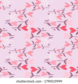 Patrón valentino aleatorio sin fisuras con elementos florales del corazón. Fondo lila claro con detalles rosas. Ideal para envolver papel, textil, papel de tela y papel pintado. Ilustración vectorial.