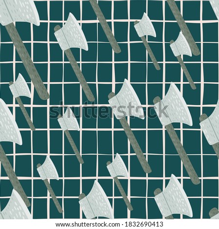 Random seamless viking hatchet doodle pattern. Middle ages norway ornament on green chequered background. Designed for fabric design, textile print, wrapping, cover. Vector illustration.