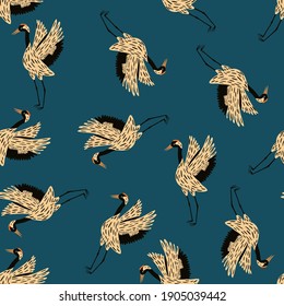 Random seamless zoo tropic pattern with beige crane bird ornament. Turquoise pastel background. Designed for fabric design, textile print, wrapping, cover. Vector illustration.