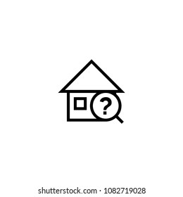 random search house icon. home with magnifying glass and question mark symbol. simple clean thin outline style design.