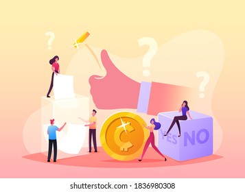 Random Selection Concept. Tiny Male and Female Characters Throw Coin and Dice with Yes or No Sides, Pulling Paper from Transparent Box to Answer Important Question. Cartoon People Vector Illustration