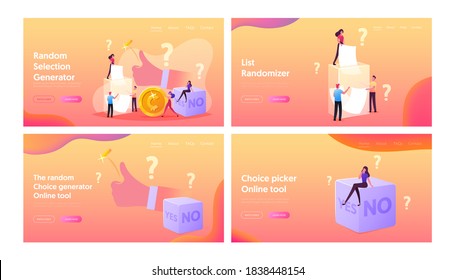 Random Selection Landing Page Template Set. Tiny Characters Throw Coin and Dice with Yes or No Side, Pulling Paper from Transparent Box to Answer Important Question. Cartoon People Vector Illustration