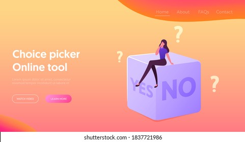 Selección aleatoria o creación de una plantilla de página de aterrizaje de decisión difícil. Pequeño personaje femenino sentado en grandes dados con Sí o Sin lados. Destino, solución de problemas, juego de apuestas. Ilustración del vector de dibujos animados