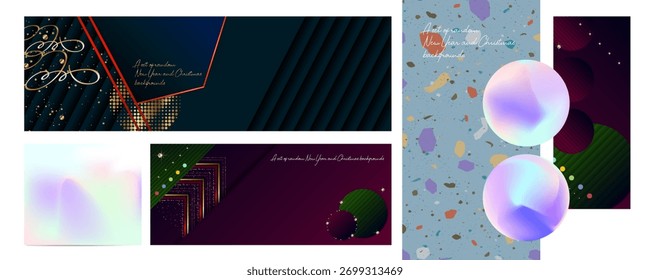 Conjunto aleatorio de fondos de Año Nuevo y Navidades para redes sociales, impresiones, artes gráficas y diseño. La colección incluye papel de aluminio, lujoso azul marino y oro
