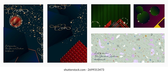 Conjunto aleatorio de fondos de Año Nuevo y Navidades para redes sociales, impresiones, artes gráficas y diseño. La colección incluye papel de aluminio, lujoso azul marino y oro