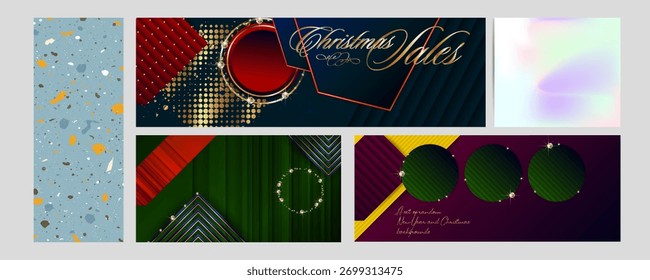 Random set of New Year's and Christmas backgrounds for social media, prints, graphic arts, and design. The collection includes foil, luxury navy blue, and gold