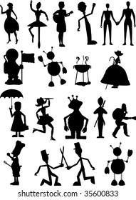 Random set of silhouettes including people, robots and monsters