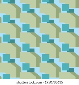 Random shape and square with shadows in tan and blue colors. Seamless pattern.