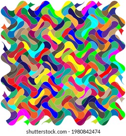 Formas aleatorias dispuestas como mosaico, patrón teselador. Colorido y vibrante diseño vectorial. Ilustración de concepto de mezcla, salto y enredo