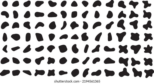 Random shapes. Black blobs, round abstract organic shape collection. Pebble, drops and stone silhouettes. Blotch, inkblot texture vector set. Rounded spot or speck of irregular form