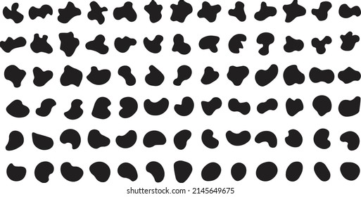 Random shapes. Organic black blobs of irregular shape. Abstract blotch, inkblot and pebble silhouettes, liquid amorphous splodge elements water forms minimal bubble stone vector set.