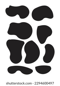 Formas aleatorias. Manchas negras orgánicas de forma irregular. Bloqueo abstracto, siluetas de manchas de tinta y de guijarros, elementos de manto amorfo líquido simple forma agua creativa conjunto mínimo de vectores de burbujas
