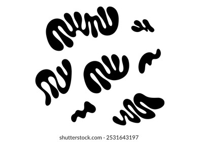 Formas al azar Orgánico Negro Blobs Set. Esquema de Imagen de Vector 2d. Pegatina para las redes sociales. Telón de fondo.