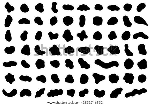 Random shapes. Organic black blobs of irregular
shape. Abstract blotch, inkblot and pebble silhouettes, simple
liquid amorphous splodge elements water forms creative minimal
bubble stone vector set