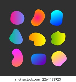 Random shapes, organic gradient color blobs of irregular shape. Abstract blotch, flat pebble silhouettes, simple liquid stains, vector set
