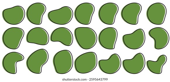 Random shapes vector set. Organic black blobs of irregular shape. Abstract blotch, inkblot and pebble silhouettes, simple liquid elements, water forms creative minimal bubbles. Vector set