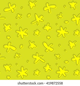 Random simple abstract flowers seamless pattern. Green background. Vector illustration. It is possible to recolor.