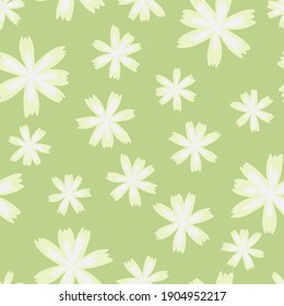 Flores de doodle simples aleatorias sin fisuras. Ornamento dibujado a mano. Fondo verde pastel. Impresión vectorial plana para textiles, tela, giftwrap, papel pintado. Ilustración sin fin.