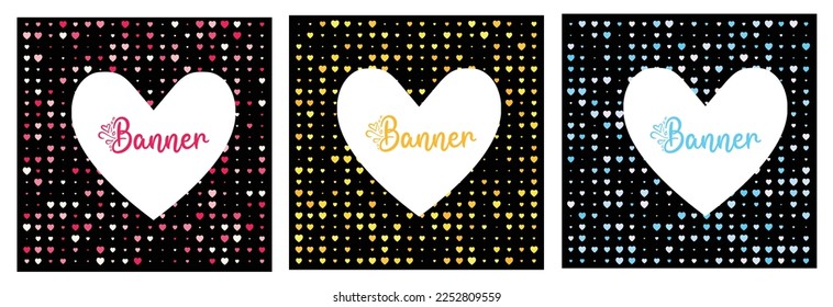 Random size heart pattern with 3 colours pink yellow blue in square frame on dark background banner design. 