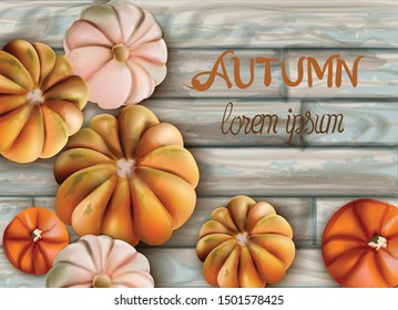 Random size pumpkins with Autumn text Vector card. Wooden background illustrations. Watercolor