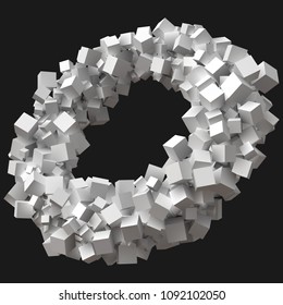 random sized cubes rotating in circular orbit.