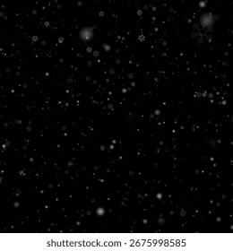 Random snowfall design.Snowflakes gently falling on black background. February vector design. Overlay design. Flying Snow.