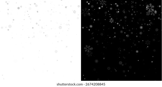 Copos de nieve al azar que caen sobre fondo blanco y negro. Partículas blancas de invierno y polvo congelado creando un cielo nevado natural. Perfecto para el diseño de temporada y Fondos de pantalla de Vector.