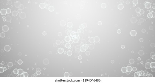Random soap bubbles abstract background. Blowing bubbles on light grey background. Breathtaking soapy foam overlay template. Creative vector illustration.