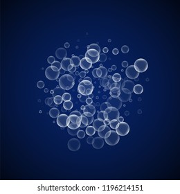 Random soap bubbles abstract background. Blowing bubbles on dark blue night background. Breathtaking soapy foam overlay template. Majestic vector illustration.