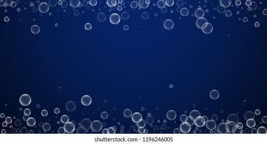 Random soap bubbles abstract background. Blowing bubbles on dark blue night background. Breathtaking soapy foam overlay template. Actual vector illustration.