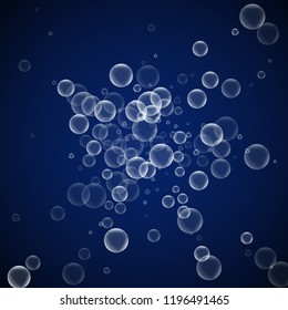 Random soap bubbles abstract background. Blowing bubbles on dark blue night background. Bizarre soapy foam overlay template. Wondrous vector illustration.