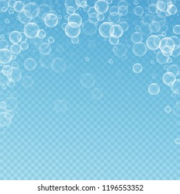 Random soap bubbles abstract background. Blowing bubbles on blue transparent background. Bold soapy foam overlay template. Alive vector illustration.