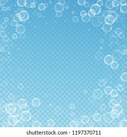 Random soap bubbles abstract background. Blowing bubbles on blue transparent background. Bold soapy foam overlay template. Sightly vector illustration.