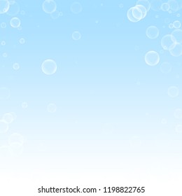 Random soap bubbles abstract background. Blowing bubbles on winter sky background. Bold soapy foam overlay template. Ravishing vector illustration.