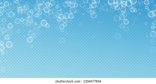 Random soap bubbles abstract background. Blowing bubbles on transparent blue background. Artistic soapy foam overlay template. Symmetrical vector illustration.