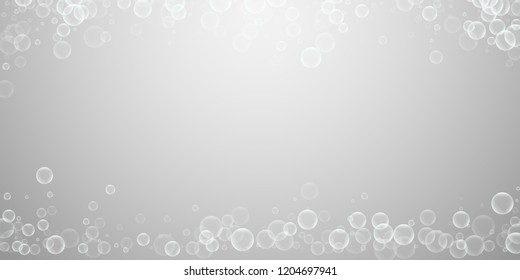 Random soap bubbles abstract background. Blowing bubbles on light grey background. Artistic soapy foam overlay template. Mind-blowing vector illustration.