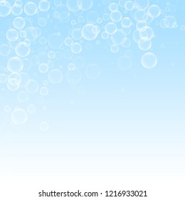 Random soap bubbles abstract background. Blowing bubbles on winter sky background. Bold soapy foam overlay template. Dramatic vector illustration.