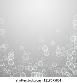 Random soap bubbles abstract background. Blowing bubbles on light grey background. Bold soapy foam overlay template. Beauteous vector illustration.